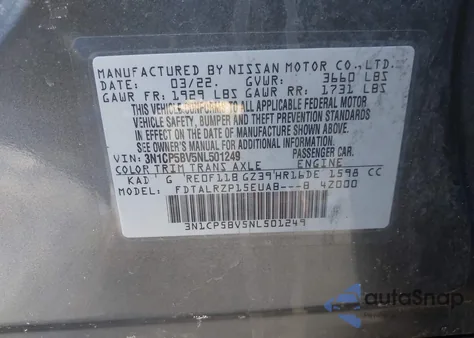 2022 Nissan Kicks S Xtronic Cvt z USA, uszkodzony, nr VIN 3N1CP5BV5NL501249